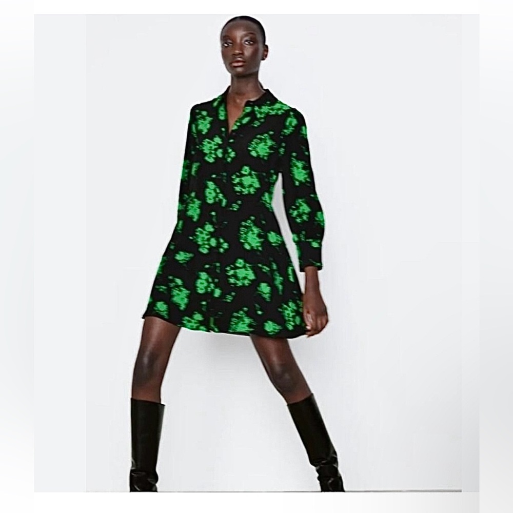 Zara black + green floral pattern button-down dress.  Size Small.
